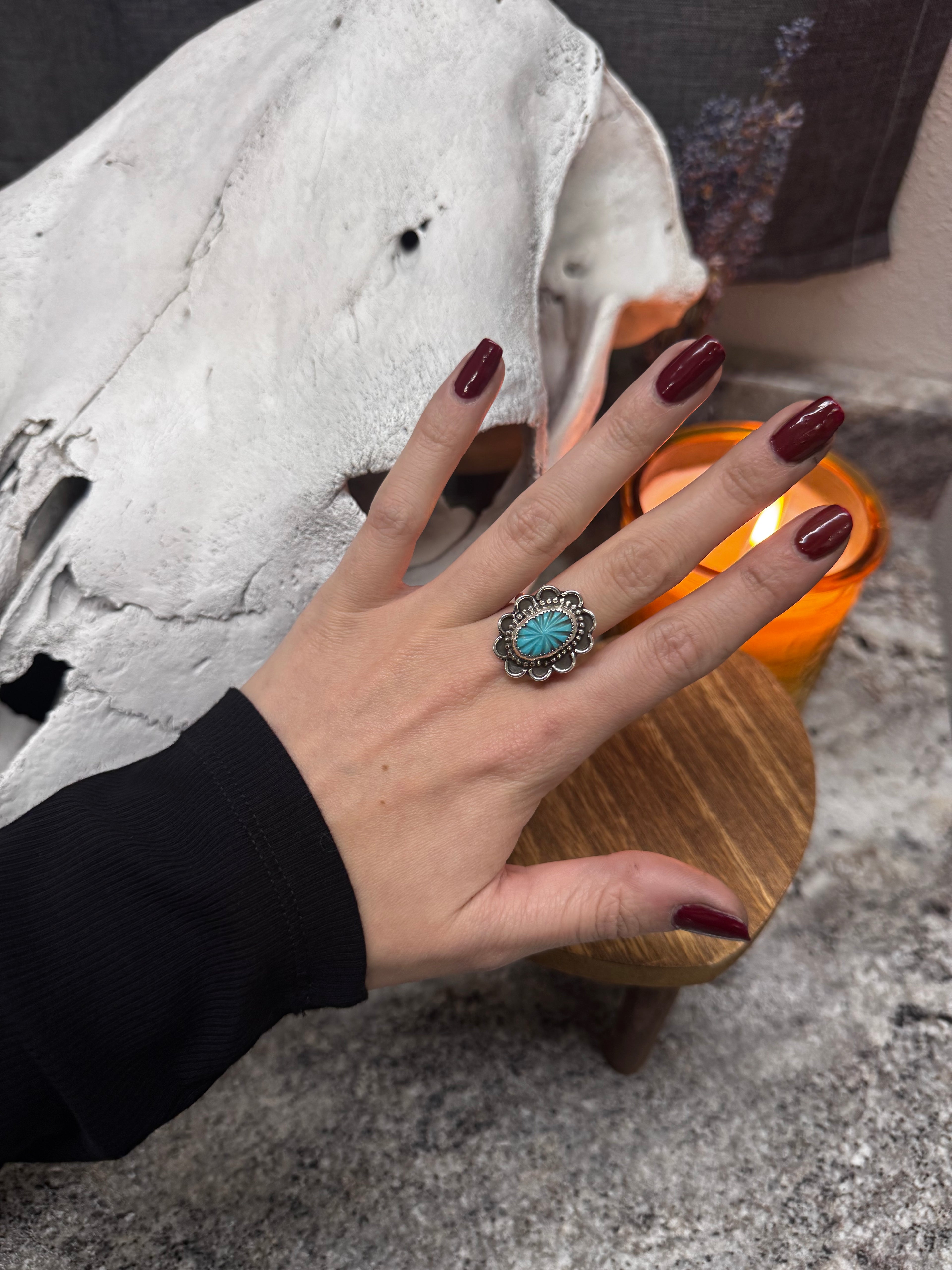 Desert Lullaby Carved Turquoise Ring (size 7.25)